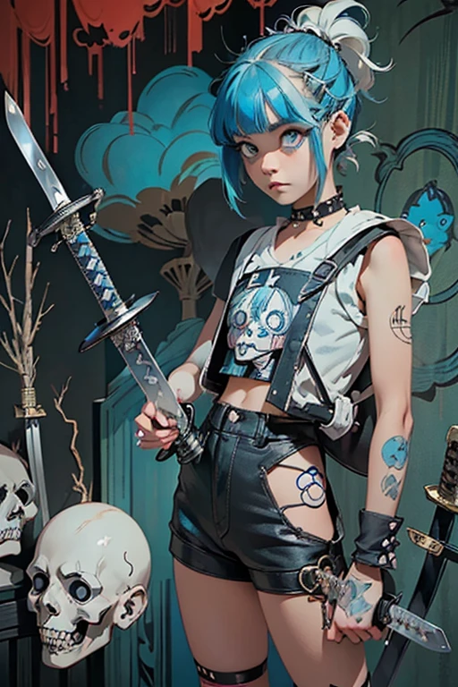 ((1 punk girl,Unusual punk hair:1.3)),((Blue and white British punk fashion:1.5)),(Light black and blue hair:1.5、Long Bangs:1.5、short hair)Studded clothing、((Holding a sword in his right hand:1.5))、((Small backpack on the back))、（Narrow and small eyes）,Wacky makeup、Breast augmentation, (masterpiece), (High resolution), (Very delicate), nightmare, Doll-like face, Manga Style, Horror elements, Manga Styleイラスト, Japanese painting, phantom, (spooky), Japan sculpture, crazy illustration, antique, Dark atmosphere, Flat Illustration,spookyな外観, Unique atmosphere
