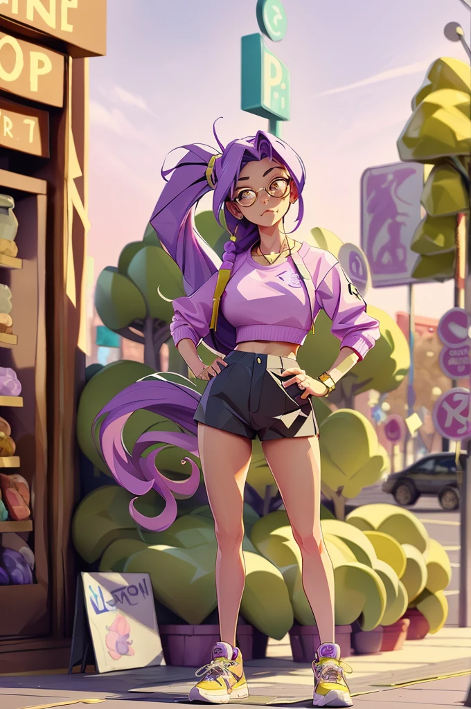 Masterpiece, best quality, Masterpiece, best quality, 1 woman, long ponytail hair, purple hair , sly face , sunglasses , purple bikini , abdomen, big breasts , Long legs , Put your hands on your hips.. , sneakers shoes , convenience store