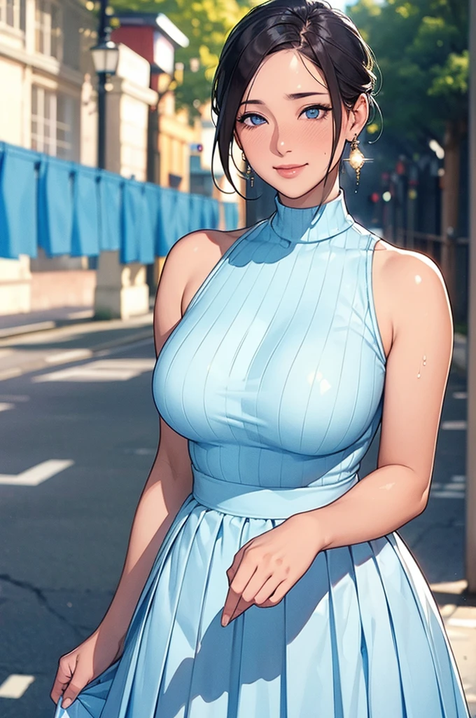 (high quality, High resolution, Finer details), Brick Street, Sunshine Shine, break (Light Blue Knit, Sleeveless, High neck), break White pleated long skirt, Flowing fabric, break Standing, alone, Curvy Women, Sparkling eyes, (Detailed eyes:1.2), Natural Makeup, Earrings, smile, blush, Sweat, Oily skin, Soft colors, Wind, Bokeh, Shallow depth of field,listen don&#39;t,