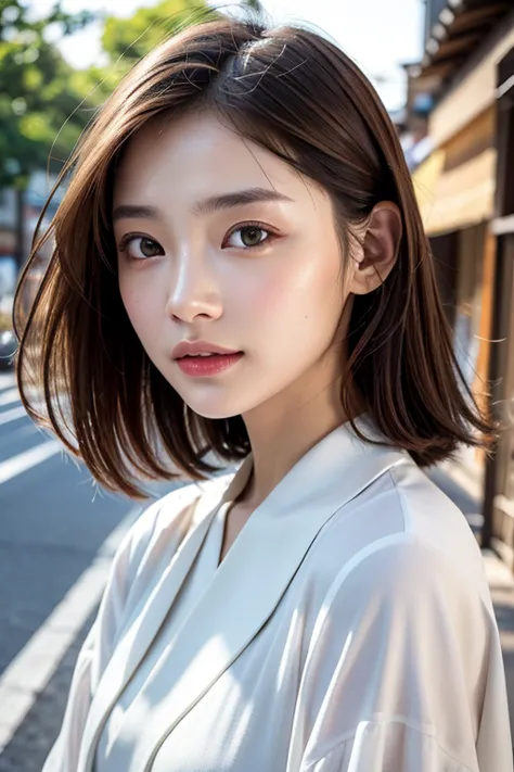 with the alleys of kyoto in the background、1 girl、independent、look forward to、light eye makeup、brown hair color、flat 、hair blowi...