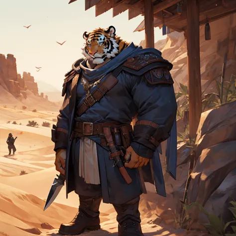 desert gobi muscles，a bandit with a big knife and a tiger in plain clothes