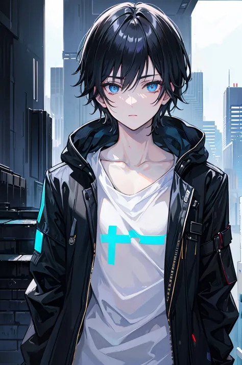 face_through_torso, ((1man)), short_hair(black_hair, dirty hair), blue_eyes, hair_between_eyes, white_trench coat (cyberpunk), h...