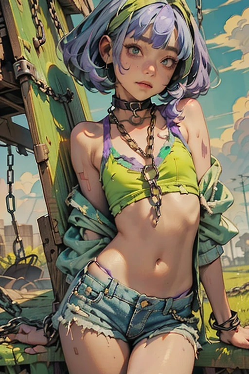 Watercolor, Mud and thunderclouds, Highest quality, High resolution,(A frame made of chains and ruins),cute、Small eyes、（Flat Chest）, ((Odd colored hair,green,purple,yellow)), beautiful、、Tattered denim pants、Tattered black tank top、Circus、Large Chain Collar、clown、Bold Pose
