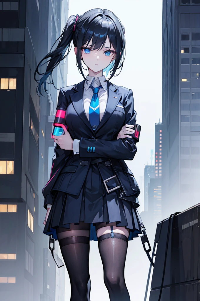 Face_through_torso, 1girl, short_twintails(black_hair,Cyberpunk design hair tie), blue eyes(half closed_eyes), expression_face, A  young noble, exuding elegance and authority, dressed in a black jacket over a crisp white shirt, paired with a short blue tie that reflects a subtle cyberpunk influence. She wears a dark blue skirt that reaches above her knees, complemented by black thigh-high stockings. Hovering beside her is a high-tech combat drone, emphasizing her connection to advanced technology and adding a layer of protection to her refined presence.