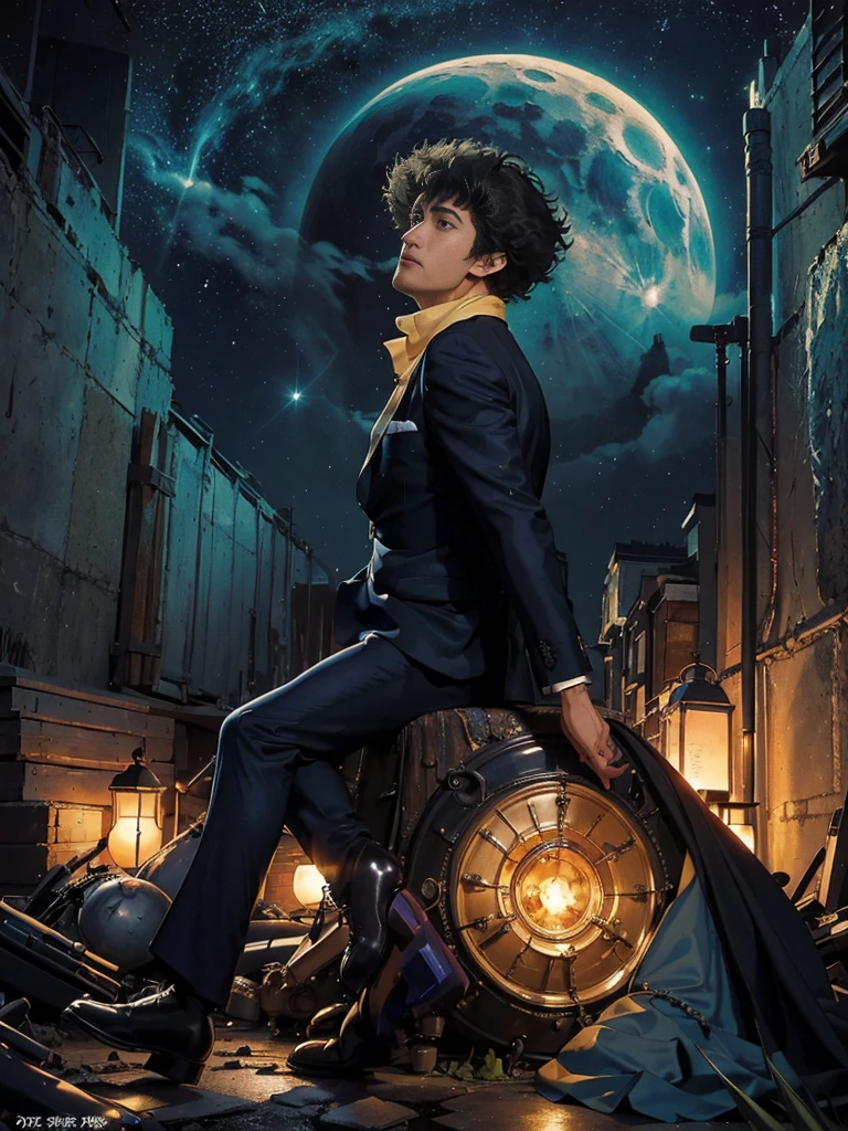 (masterpiece、top-quality、top-quality、Detailed and complex、official art、aesthetically pleasing:1.3)、(Spike spiegel) (realistic art:1.3) Black hair、blue suit, yellow shirt with tie. Moon and stars background