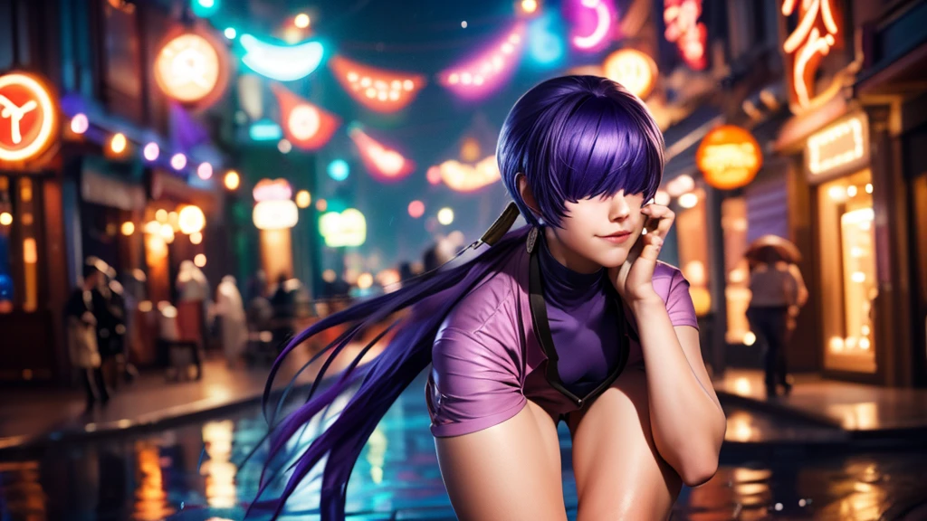 (at night), alone, in a video game scene, a background of a beautiful city during the day raining, standing at attention, purple hair, pink clothes ((purple hair)), 1 girl, alone, 20 years old, woman young, perfect and beautiful hands with perfect fingers, beautiful long legs, perfect legs, beautiful body, beautiful nose, beautiful character design, perfect face, looks at the viewer (focusing on the entire character), closed mouth, Light_Smile, official art, extremely detailed 8k CG wallpaper unit, perfect lighting, bright and colorful front lighting, glowing skin (masterpiece: 1.0), (best quality: 1.0), ultra high resolution, 4K, ultra detailed photography, 8K, HDR, high resolution, nonsense: 1.2, Kodak portra 400, film grain, blurred background, bokeh: 1.2, lens flare, (vibrant_color: 1.2), professional photography, (beautiful_face: 1.5), (narrow waist), {
