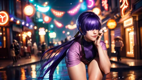 (at night), alone, in a video game scene, a background of a beautiful city during the day raining, standing at attention, purple...