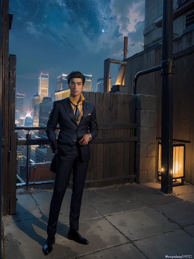 (masterpiece、top-quality、top-quality、Detailed and complex、official art、aesthetically pleasing:1.3)、(Spike spiegel)(Standing on a rooftop) (realistic art:1.3) Black hair、blue suit, yellow shirt with tie. Moon and stars background. 