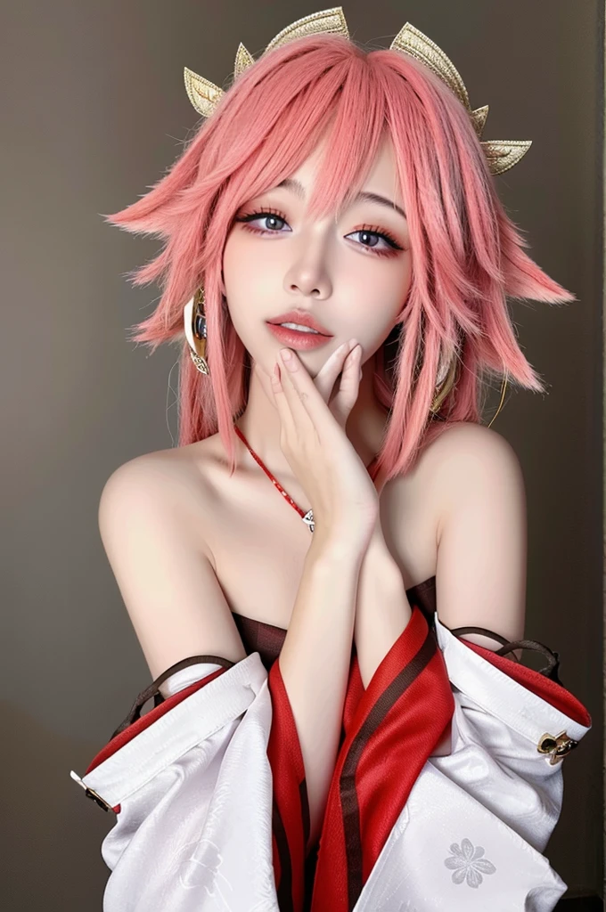 (masterpiece:1.3),best quality,high resolution,unity 8k wallpaper,(illustration:1),perfect lighting,photo_\(medium\),photorealistic,realistic,finely detail,extremely detailed,soft lighting and shadow,soft yet striking lighting,film grain:1.2,yae miko, 1girl, solo, pink hair, purple eyes, looking at viewer, long hair, realistic, animal ears, parted lips, detached sleeves, upper body, fox ears, grey background, simple background, bangs, lips, bare shoulders, hand up, jewelry, wide sleeves, nontraditional miko, breasts, nude, naked 