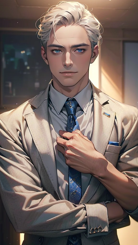 (Highest quality,4K,8k,High resolution,masterpiece:1.2),Very detailed,(Realistic,photoRealistic,photo-Realistic:1.37),1 person,3,Mature Men,very handsome,Expressionless,smile,Short gray golden hair,blue eyes,Sharp Eyes,A perfect face without a doubt,Intimidating posture,Businessman,Office Background,Cinema Lighting,HDR image