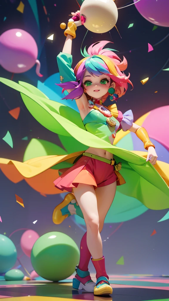 ((best quality)) , ((masterpiece)) , (detailed),A dark fantasy video game art style cartoon of an anthropomorphic clown with rainbow hair and green eyes juggling. On the ground is a colorful dance floor that has disco balls, confetti flying in the air, and lights, in the style of various artists.　Detailed face