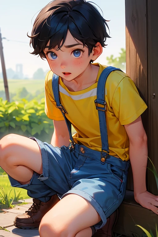 1boy, young little british boy in overalls with shorts and a yellow shirt underneath, bending on knee poses, glowing blue eyes, outdoor, close-up, cutest 