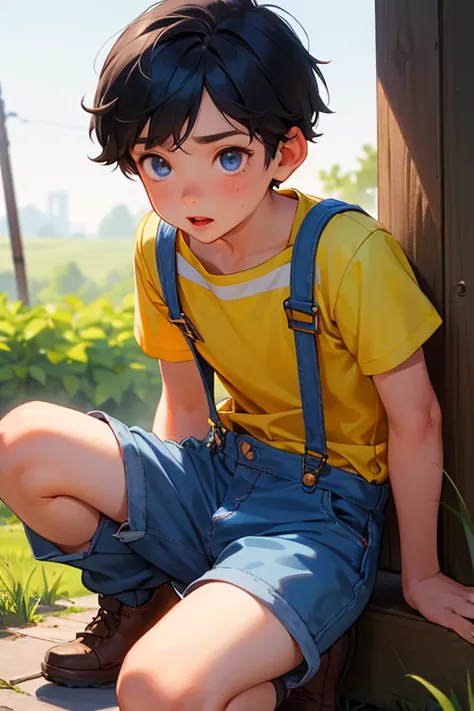 1boy, young little british boy in overalls with shorts and a yellow shirt underneath, bending on knee poses, glowing blue eyes, ...