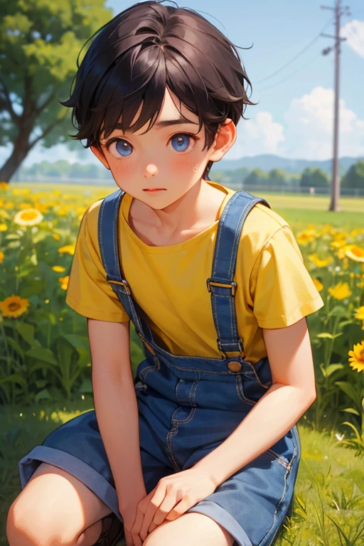 1boy, young little british boy in overalls with shorts and a yellow shirt underneath, bending on knee poses, glowing blue eyes, outdoor, close-up, cutest 