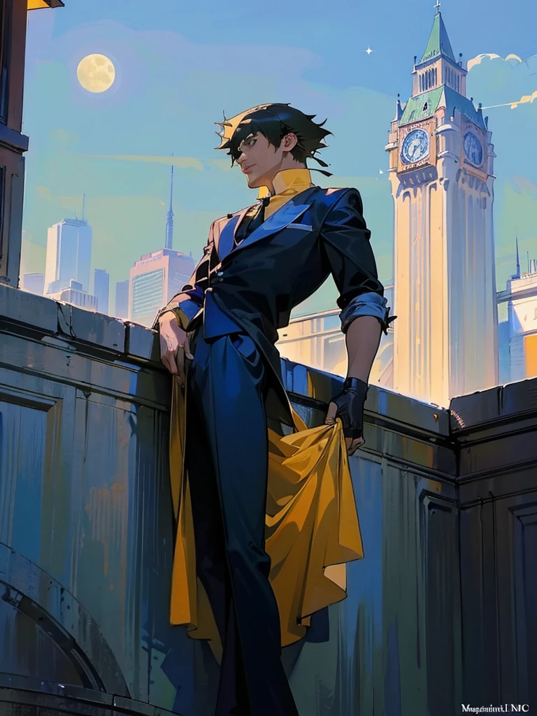 (masterpiece、top-quality、top-quality、Detailed and complex、official art、aesthetically pleasing:1.3)、(Spike spiegel)(Standing on a rooftop) (realistic art:1.3) Black hair、blue suit, yellow shirt with tie. Moon and stars background. 