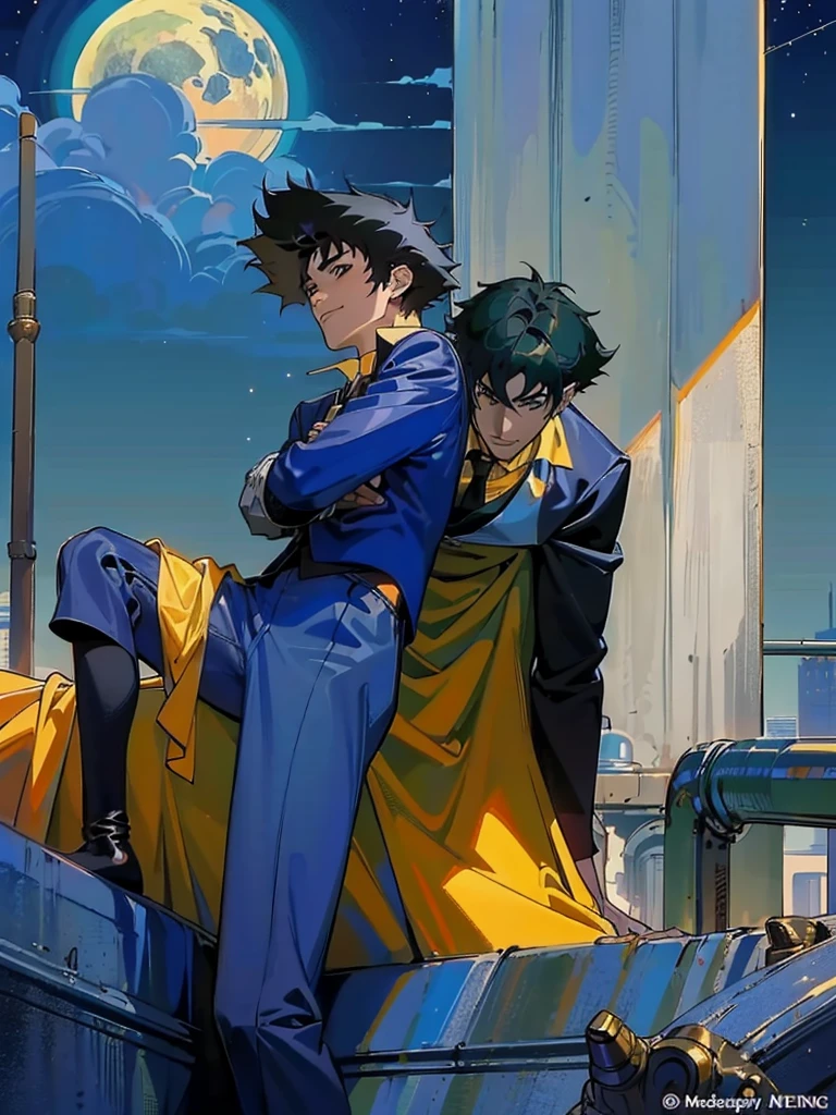 (masterpiece、top-quality、top-quality、Detailed and complex、official art、aesthetically pleasing:1.3)、(Spike spiegel)(Standing on a rooftop) (realistic art:1.3) Black hair、blue suit, yellow shirt with tie. Moon and stars background. 