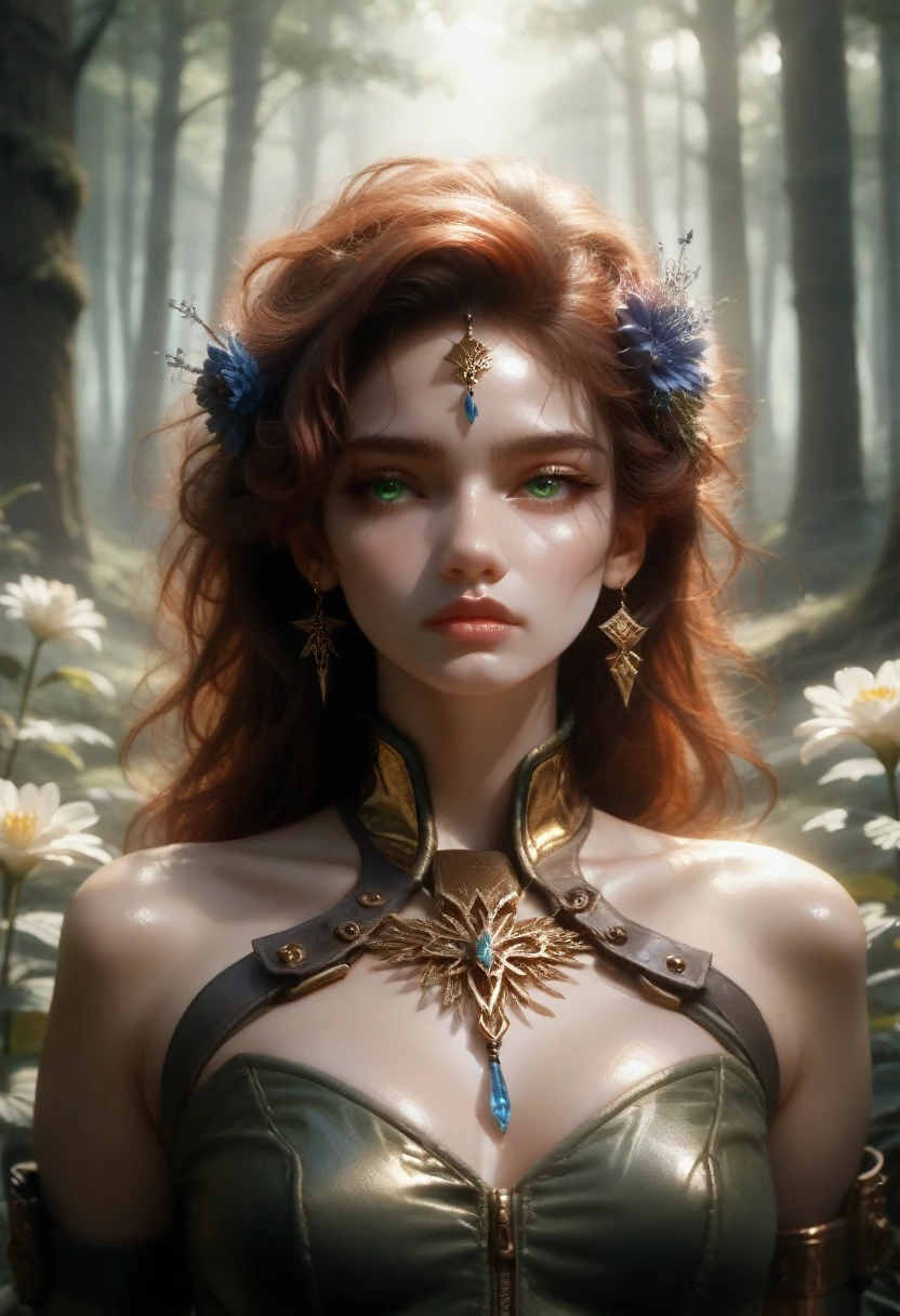 dark skin, detailed beautiful young woman, reddish golden brown hair, long, wavy and messy hair, detaiiled perfect green eyes, delicate symmetric realistic and beautiful face, (magic forest backgroung),  ranger outfit leather armored, fairy, wild flowers blending into hair, full body, masterpiece, absurdres,fine detail, rich colors, dramatic lighting, extremely detailed, cinematic lighting