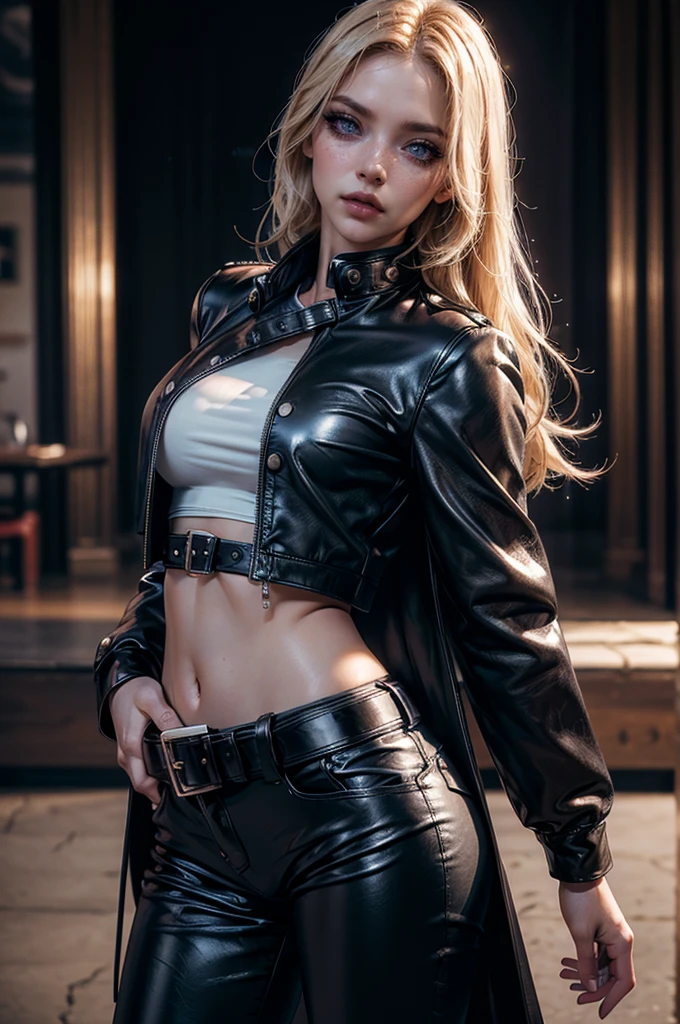 cowboy shot,a pretty 2 girl,blond hair,blue eyes,lora_Emma,slim athletic body,tight and stretched white blouse with buttons,button gap,short sleeves,pokies,ultra low rise black shiny latex pants,(double metal belt),empty studiobackground,((black leather coat)),(best quality,4k,8k,highres,masterpiece:1.2),ultra-detailed,(realistic,photorealistic,photo-realistic:1.37),dramatic lighting,cinematic,fashion photography,studio lighting,high contrast,vivid colors,beautiful detailed eyes,beautiful detailed lips,extremely detailed eyes and face,long eyelashes, (touching hair), (hand in pocket)