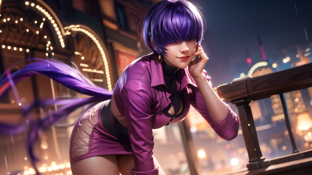 (at night), alone, in a video game scene, a background of a beautiful city during the day raining, standing at attention, purple hair, pink clothes ((purple hair)), 1 girl, alone, 20 years old, woman young, perfect and beautiful hands with perfect fingers, beautiful long legs, perfect legs, beautiful body, beautiful nose, beautiful character design, perfect face, looks at the viewer (focusing on the entire character), closed mouth, Light_Smile, official art, extremely detailed 8k CG wallpaper unit, perfect lighting, bright and colorful front lighting, glowing skin (masterpiece: 1.0), (best quality: 1.0), ultra high resolution, 4K, ultra detailed photography, 8K, HDR, high resolution, nonsense: 1.2, Kodak portra 400, film grain, blurred background, bokeh: 1.2, lens flare, (vibrant_color: 1.2), professional photography, (beautiful_face: 1.5), (narrow waist), {
