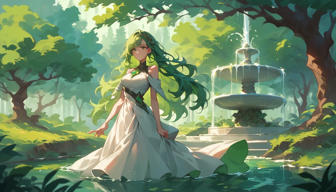 The goddess of spring, emerald green hair, long hair that reaches the waist, Scene of rising from the fountain, Floating in the great fountain, Sunlight filtered through forest trees, white gown