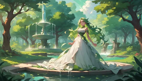 the goddess of spring, emerald green hair, long hair that reaches the waist, scene of rising from the fountain, floating in the ...