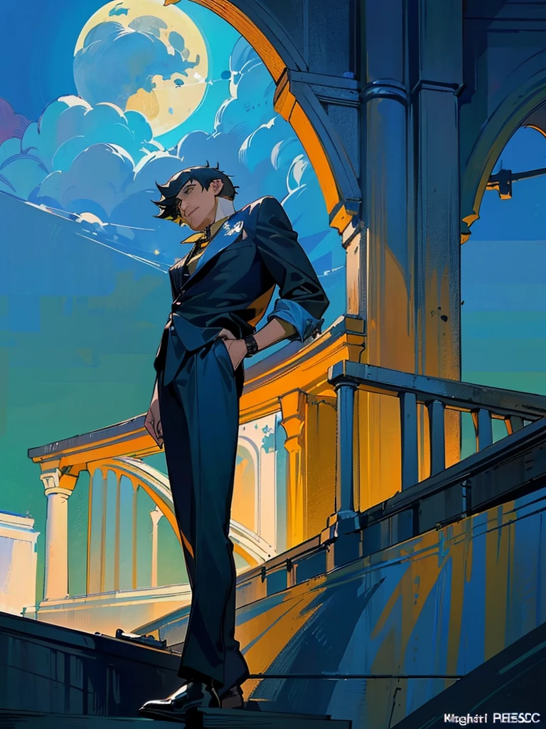 (masterpiece、top-quality、top-quality、Detailed and complex、official art、aesthetically pleasing:1.3)、(Spike spiegel)(Standing on a rooftop) (realistic art:1.3) Black hair、blue suit, yellow shirt with tie. Moon and stars background. 