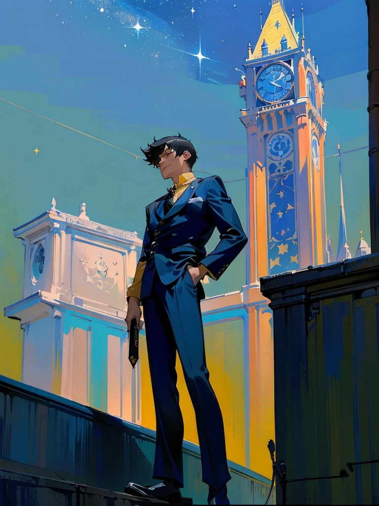 (masterpiece、top-quality、top-quality、Detailed and complex、official art、aesthetically pleasing:1.3)、(Spike spiegel)(Standing on a rooftop) (realistic art:1.3) Black hair、blue suit, yellow shirt with tie. Moon and stars background. 