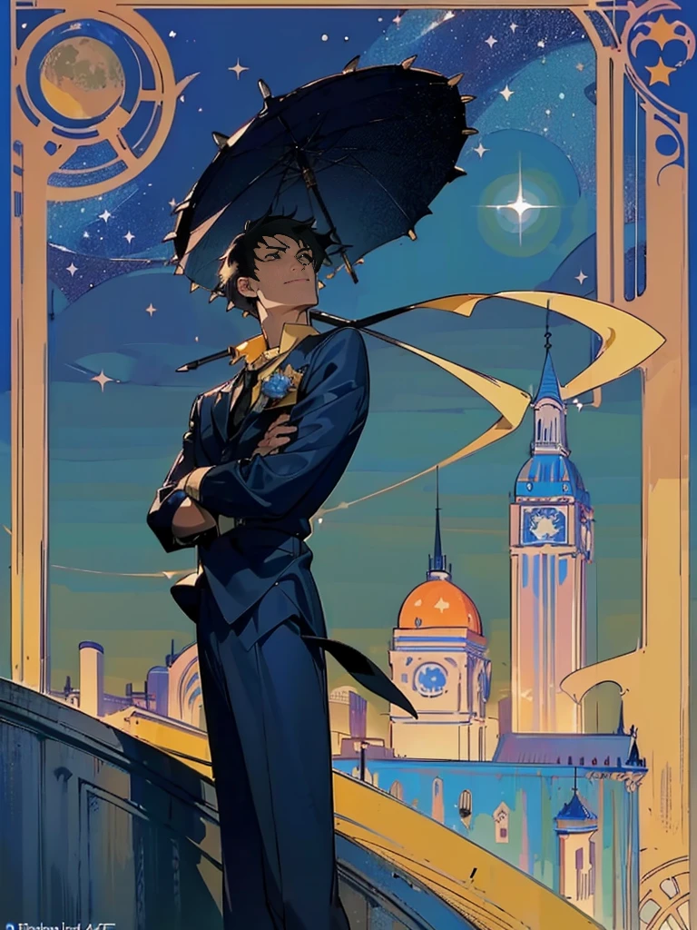 (masterpiece、top-quality、top-quality、Detailed and complex、official art、aesthetically pleasing:1.3)、(Spike spiegel)(Standing on a rooftop) (realistic art:1.3) Black hair、blue suit, yellow shirt with tie. Moon and stars background. 