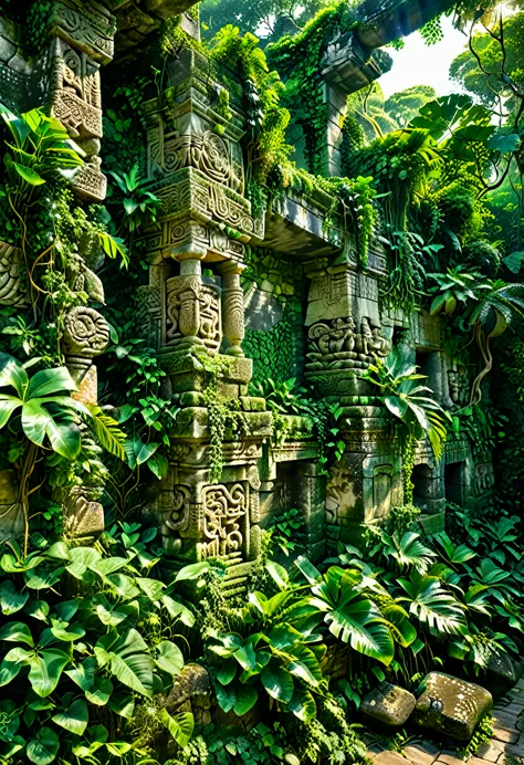 a photorealistic image of a wall of ancient maya ruins, partially hidden by lush green vegetation. the stone structure features ...