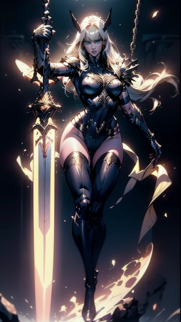 (full body portrait), Magik of X-men, Illyana Rasputin with long white hair, piercing blue eyes, wearing a low cut unitard with high cut legs, tight thigh high boots, holding a glowing magical sword, jumping with sword raised back behind head, huge overhead swing of sword, floating in a mystical realm with swirling energy, (best quality,8k,highres,masterpiece:1.2),ultra-detailed,realistic,photorealistic,photo-realistic:1.37,concept art,dark fantasy,digital painting, dramatic lighting, cinematic, intricate details,ethereal,otherworldly atmosphere, no bra 