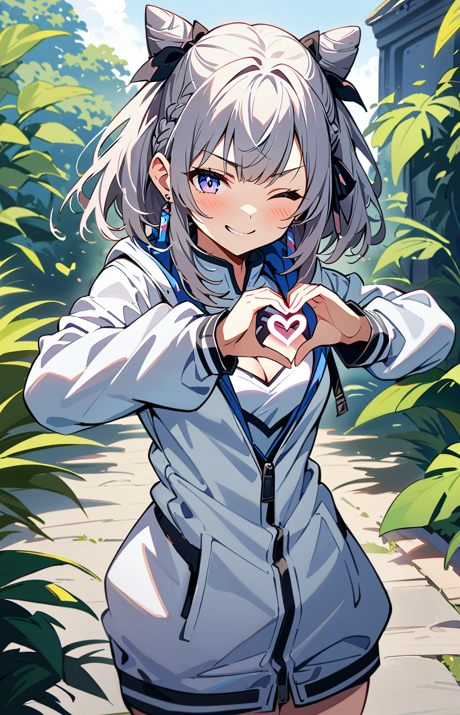 (masterpiece, best quality:1.2), detailed background, , 1girl, solo, vestiadef, cone hair bun, braid, hair ribbon, white jacket, white hopdie, clothing cutout, cleavage cutout, long sleeves, earrings, heart hands, smirk, one eye closed