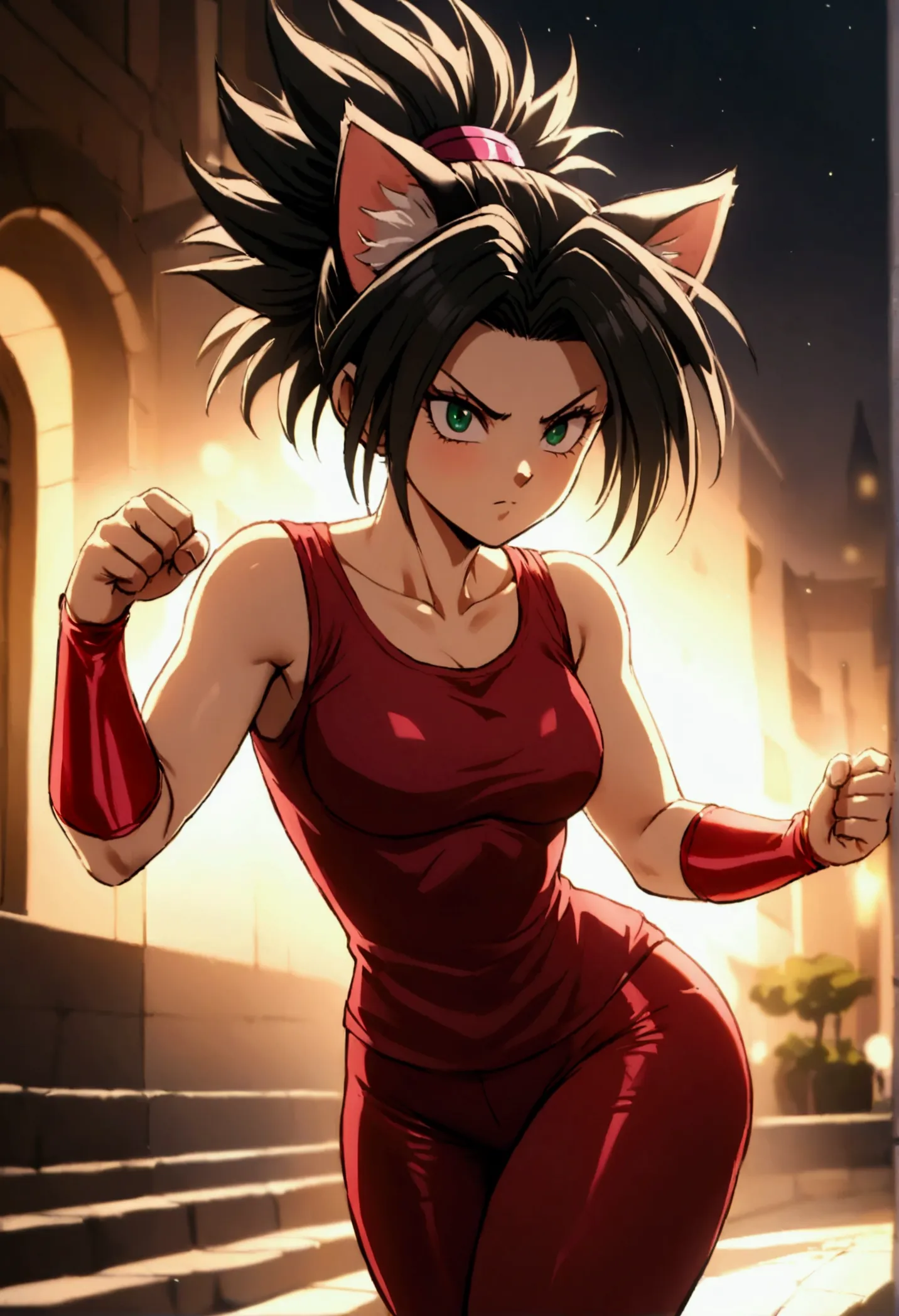 junkotvvxl kefla style with black hair up, cat ears, with red top and leggings, one punch man style