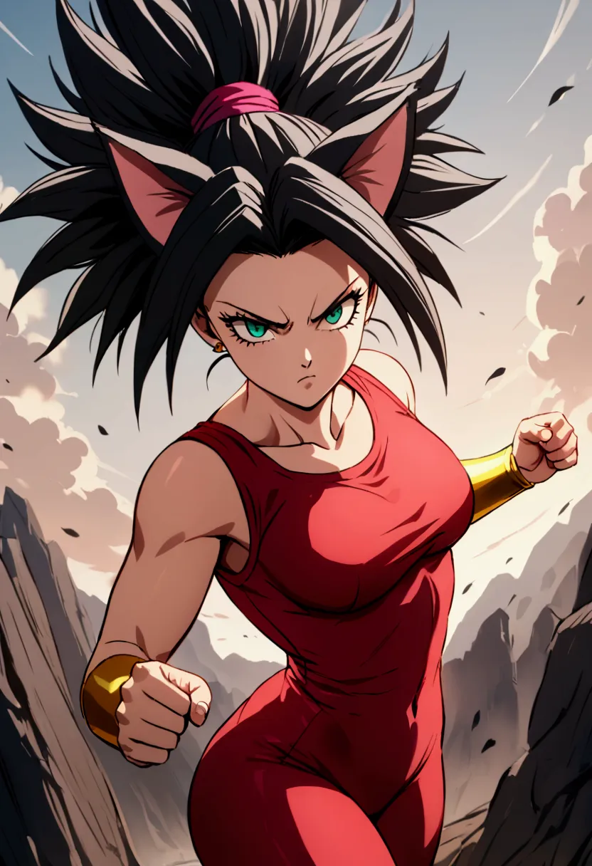 junkotvvxl kefla style with black hair up, cat ears, with red top and leggings, one punch man style