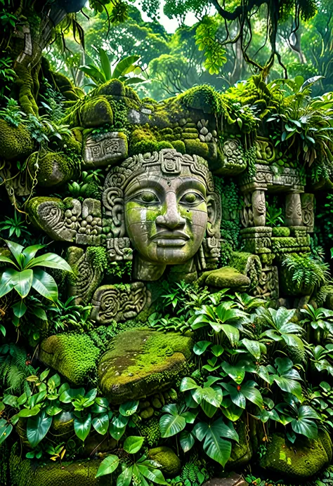 a photorealistic image of ancient mayan ruins featuring a partially moss-covered stone wall, adorned with intricate carvings, sy...