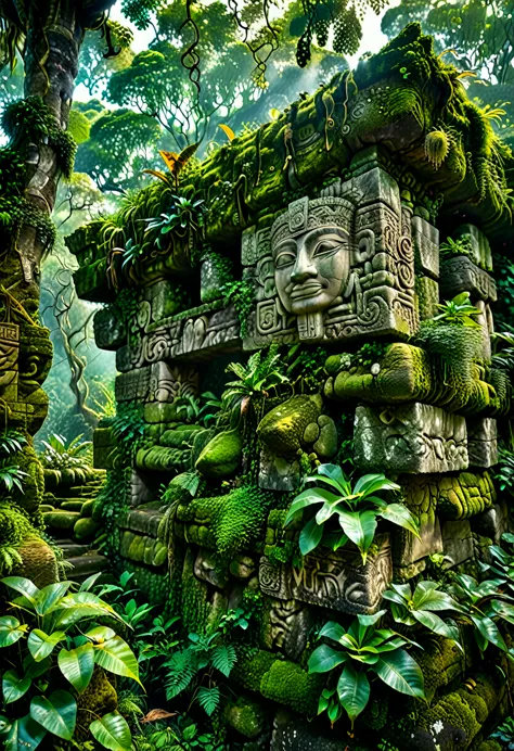 a photorealistic image of ancient mayan ruins featuring a partially moss-covered stone wall, adorned with intricate carvings, sy...