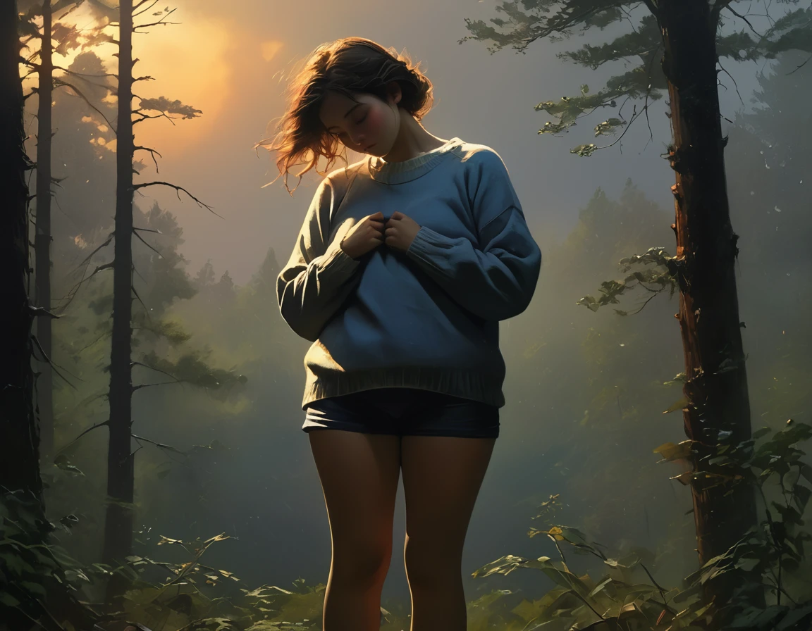 (1 girl) (masterpiece, best quality) ((the chubby camp councilor is sad she wont see you until next year)) , ,  , (stormy dark sky, sunset, raining) (beautiful forest background) (huge sagging breasts)
((Melancholy emotions:1.4)), ((realistic oil painting)) art by norman Rockwell, ((heavy, huge, full chest)) (safe for work:1.3), (dynamic angle), (dynamic pose), ((realistic anime style)) ((full body picture)) , ((sweater and panties))