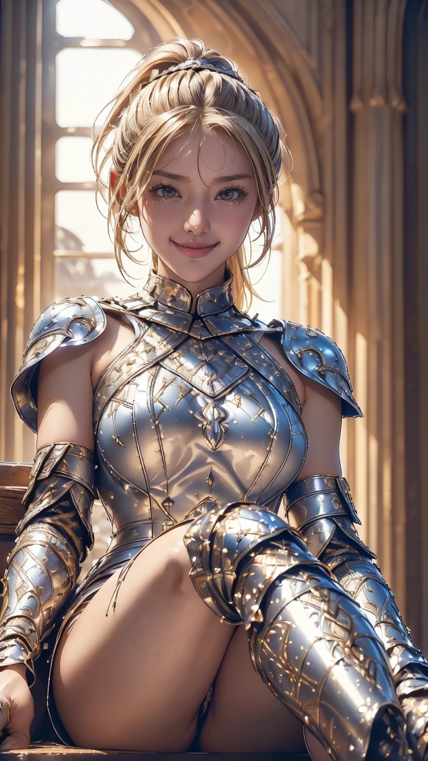 (masterpiece,Highest quality,High resolution:1.2),(One female knight:1.3), (Western Armor,Full Plate Mail:1.2),(Smiling with teeth showing and eyes narrowed:1.3),(ponytail,blonde,Natural Makeup, With lots of eyelashes:1.3),(Cowboy Shot:1.3),(Old Royal Palace:1.3),(View the subject from below:1.2),(Sit with your legs apart:1.3),(Show off your armpits,Hands behind head:1.3)