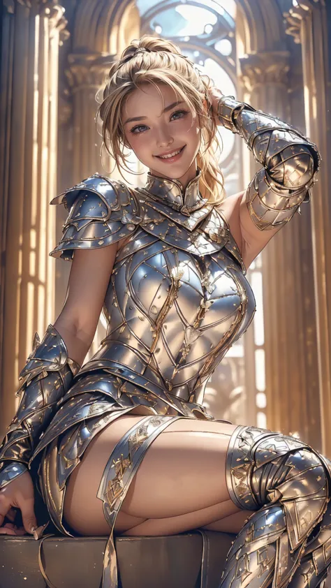 (masterpiece,highest quality,high resolution:1.2),(one female knight:1.3), (western armor,full plate mail:1.2),(smiling with tee...