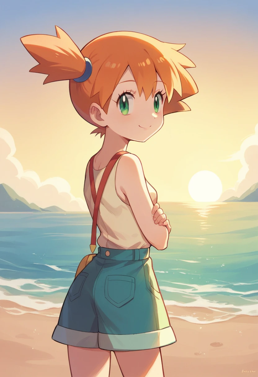 Misty\（pokemon\）， sea beach，White vistor hat in hand， 1girl, kid, single， standing， cowboy shot，Face away from the camera， looking back at you，berry short orange hair，Green eyes， smile， V arm， Own hands together， 2 braids，white shift dresses，best quality, masterpiece, Turn your back to your hand，sunset, the setting sun