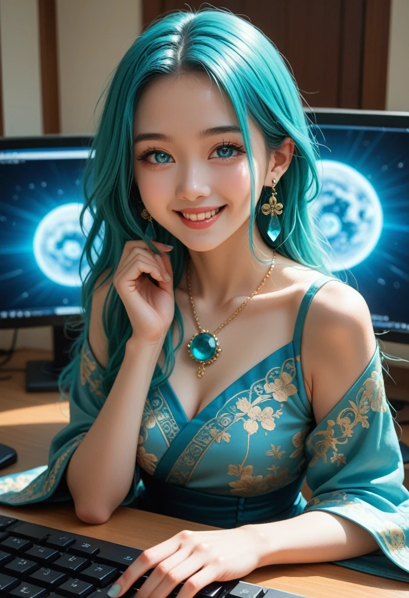 masterpiece, best quality, ultra-detailed, illustration,(1girl),beautiful detailed eyes, looking at viewer, (holding a computer keyboard), happy, (turquoise hair:1), (blue rounded eyes:1), (round earring), (turquoise big gem necklace), cute round face, long hair, smile, fantasy chinese clothes