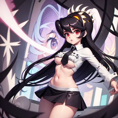 filia, one girl, big thighs, big boobs, tiny waist, big eyes, big lips, beautiful woman, cartoonish, black tiny skirt, white shi...