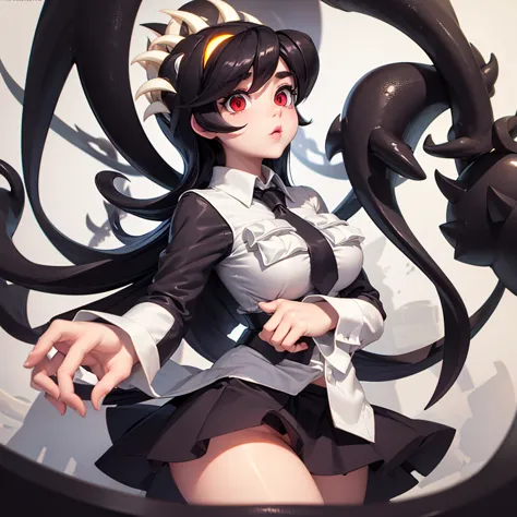 filia, one girl, big thighs, big boobs, tiny waist, big eyes, big lips, beautiful woman, cartoonish, black tiny skirt, white shi...