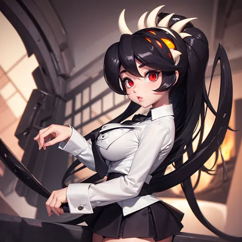 filia, one girl, big thighs, big boobs, tiny waist, big eyes, big lips, beautiful woman, cartoonish, black tiny skirt, white shi...