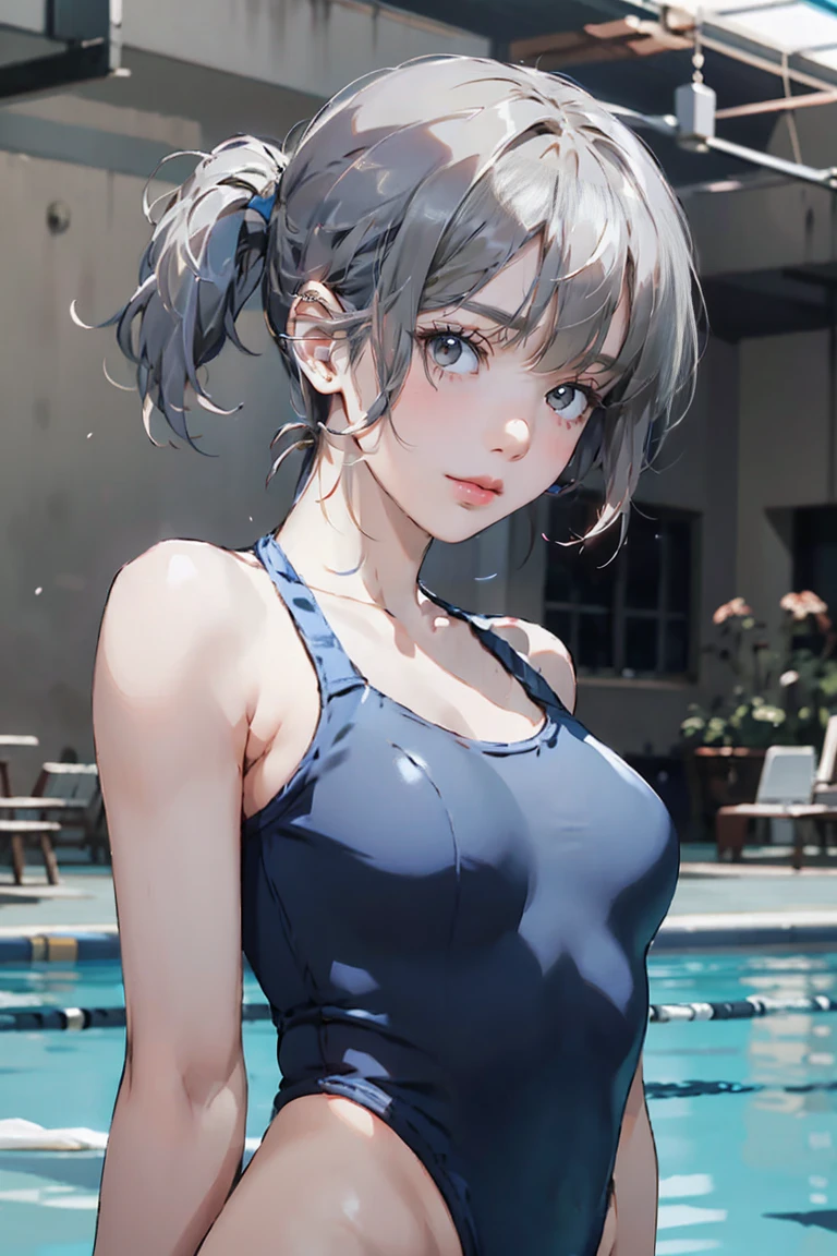 (masterpiece,Highest quality,Ultra-high resolution), (((Very clean))), Silver Hair､ ((Beautiful low ponytail)), Very cute face, Glossy Lips, Large Breasts、 Natural Makeup, Long eyelashes, Shiny and smooth hair､Center image, Perfect limbs, Perfect Anatomy,(((Navy school swimsuit)))、((See through)),Sweat,tall,Pool,Erect nipples,See-through