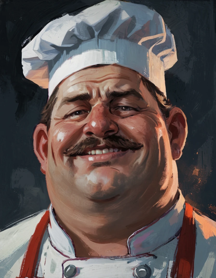 A chubby man, chef cooking hamburgers, portrait, masculine, abstract painting, (best quality,4k,8k,highres,masterpiece:1.2),ultra-detailed,(realistic,photorealistic,photo-realistic:1.37),male,chef uniform,cooking hamburgers,muscular,rugged facial features,intense gaze,dramatic lighting,bold colors,thick brushstrokes,textured background,dynamic composition,abstract expressionism