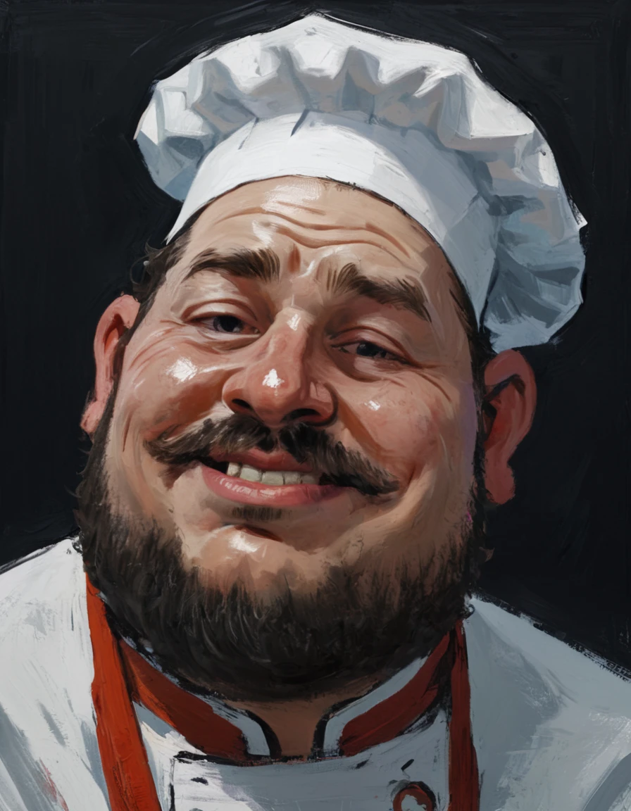 A chubby man, chef cooking hamburgers, portrait, masculine, abstract painting, (best quality,4k,8k,highres,masterpiece:1.2),ultra-detailed,(realistic,photorealistic,photo-realistic:1.37),male,chef uniform,cooking hamburgers,muscular,rugged facial features,intense gaze,dramatic lighting,bold colors,thick brushstrokes,textured background,dynamic composition,abstract expressionism