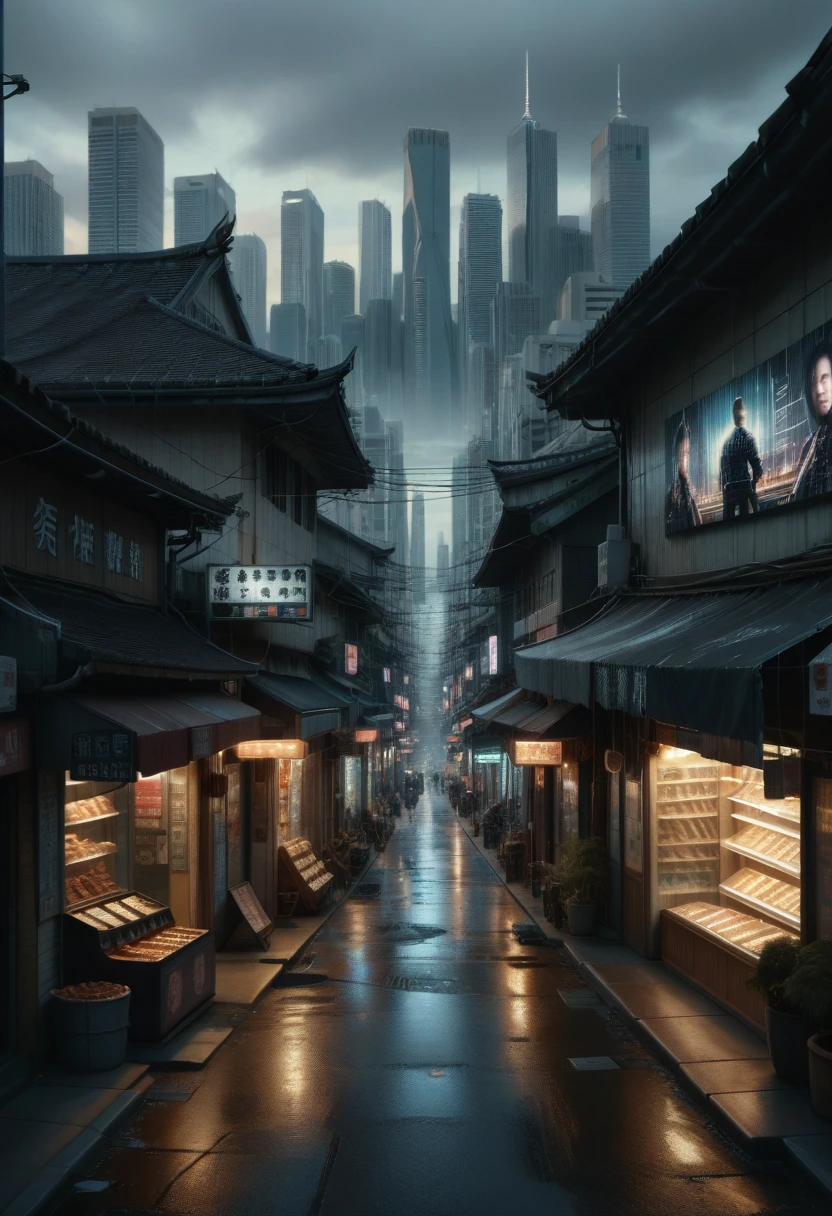 Cyberpunk city from sci-fi movie, empty street, night, chinoiserie buildings, old shop, irregular, circuit boards, wires, intricate, super detailed, realistic, hyper realistic, high quality, best, super detailed, crazy Detail, Very Detailed, Photorealistic, Epic Composition, Best Quality, 32k --v 6