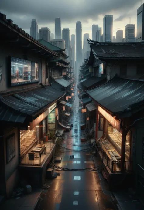 cyberpunk city from sci-fi movie, empty street, night, chinoiserie buildings, old shop, irregular, circuit boards, wires, intric...