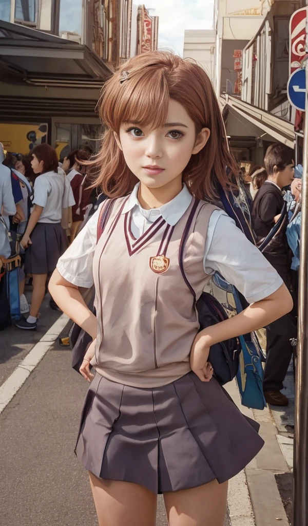 anime girl in school uniform standing on a city street, kantai collection style, anime visual of a cute girl, railgun, makoto shinka, beautiful anime high school girl, makoto shinkai. digital render, seifuku, anime moe artstyle, anime visual of a young woman, sayori, a hyperrealistic schoolgirl, makoto，Misaka Mikoto，with short golden hair，Short hair，JK school uniform