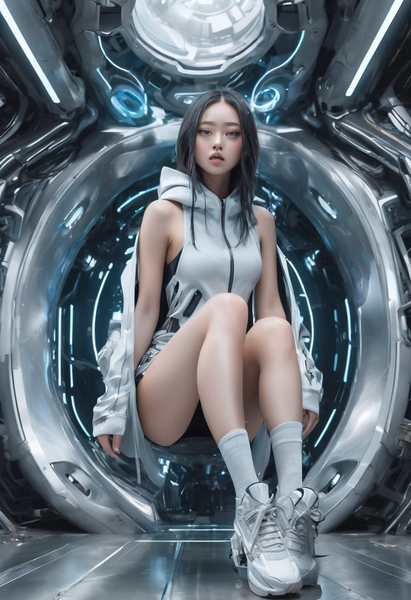 nsfw, masterpiece, Best Quality, hyper Realistic, A mysterious and sophisticated beautiful young gravure Japanese woman with blue eyes wears futuristic and sexy fashion art. sitting focus breasts,, from below, Detailed clothing butt, woman is climbing at a wide angle, with her full body in frame. large Butt, sexy large breasts, slim waist, Cyber punk taste fashion, Her outfit includes BLACK over sized Surface hoodie sweat, nothing shorts, adding a minimalist beauty. She accessorizes with futuristic accessories and technical sneakers. Her demeanor exudes harmony and striking simplicity, accentuating her curves and digging sensuously into her skin, hyper small head and face, wide and big Duck mouth, half open mouth, perfectly aligned teeth, perfect beautiful wide teeth, Detailed eyes, light blue eyes, half open eyes, shiny Droopy eyes, gray hair, looking other, She is situated within the interior of a futuristic colony, with mist drifting and steam rising from concrete